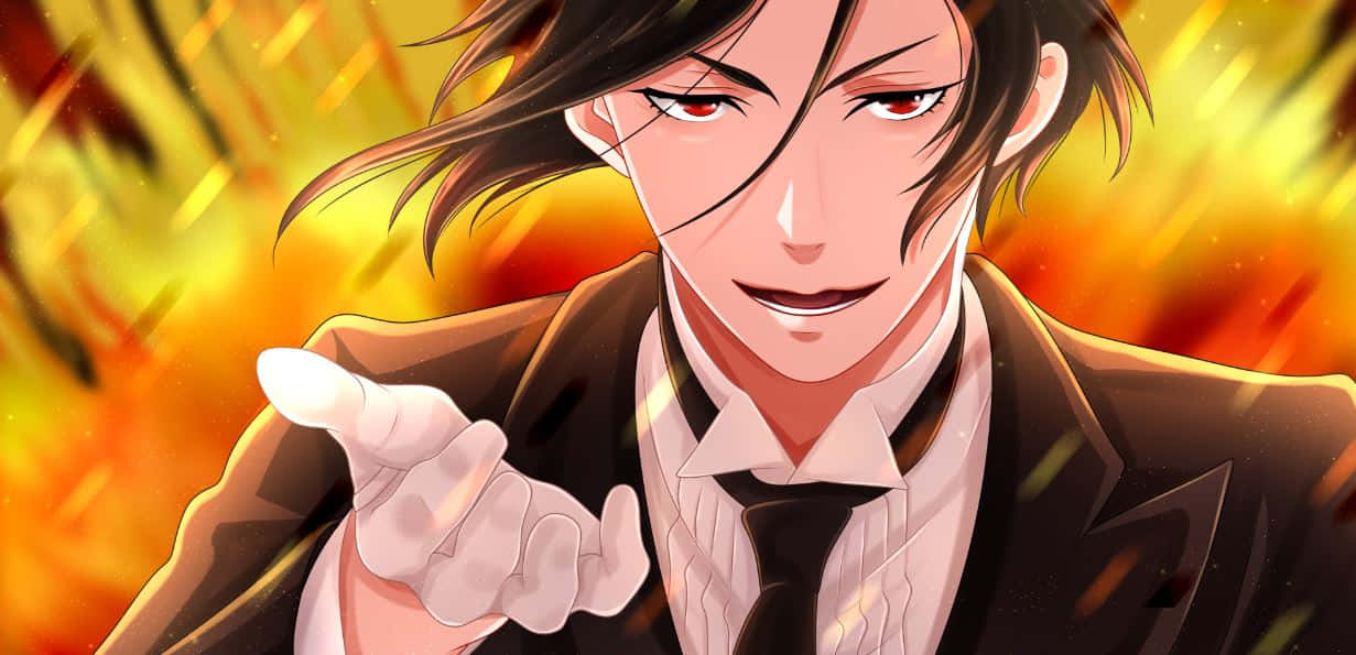 sebastian michaelis 桌布 壁紙 — 一個自信的動畫男子穿著西裝，在熾熱的金色背景前指向前方，眼睛呈現強烈的紅色。