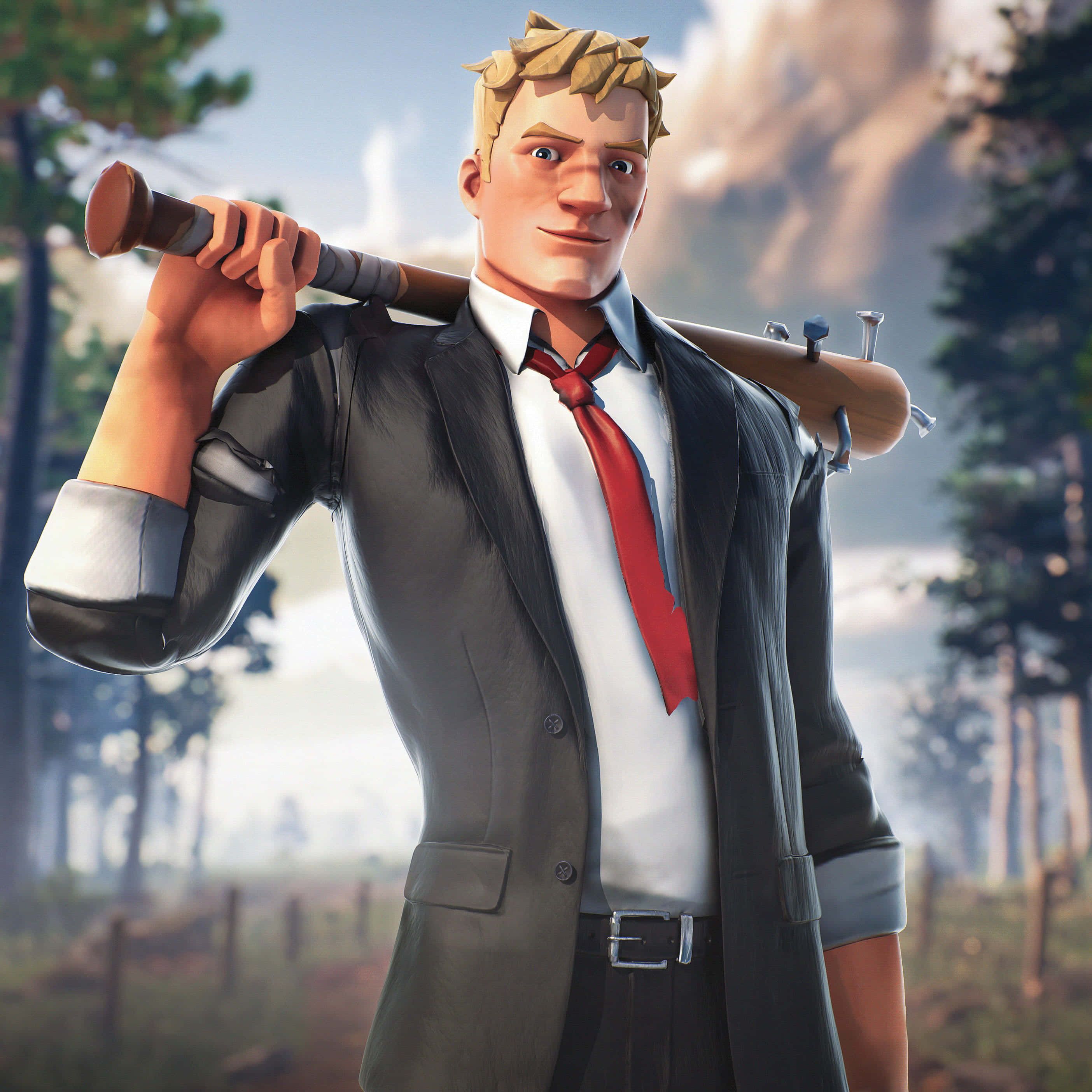 Jonesy Fortnite 桌布 壁紙 — 一個自信的動畫男子穿著西裝和紅色領帶，在森林環境中將棒球棍扛在肩上。