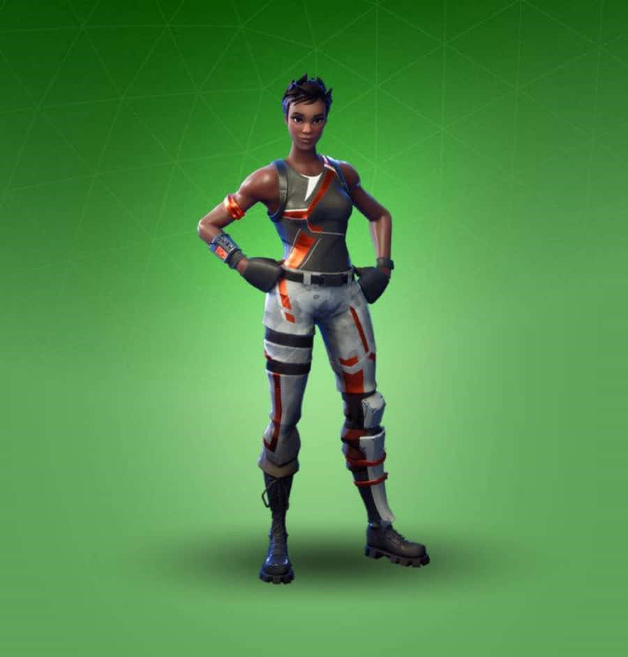 Fortnite Skins Battle Royale 桌布 壁紙 — 一個自信的女性Fortnite角色穿著未來裝甲，站在發光的綠色幾何背景前。
