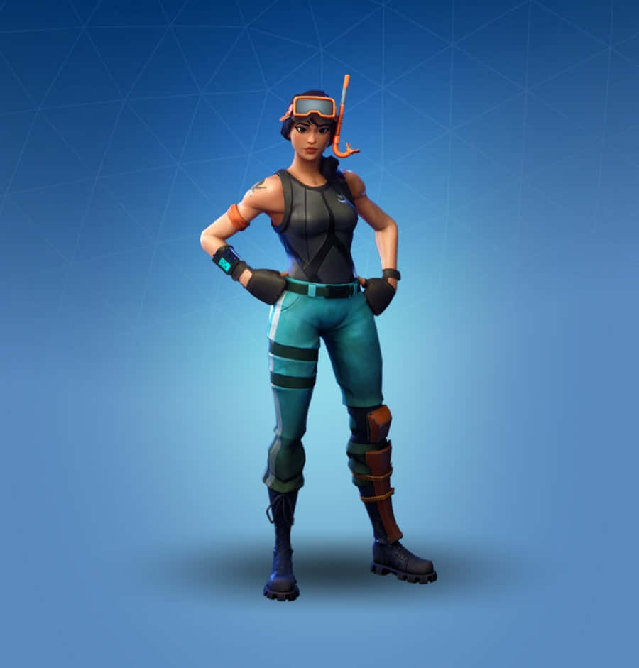Fortnite Skins Battle Royale 桌布 壁紙 — 一個自信的女性Fortnite角色穿著潛水裝備，站在帶有幾何圖案的藍色漸變背景前。