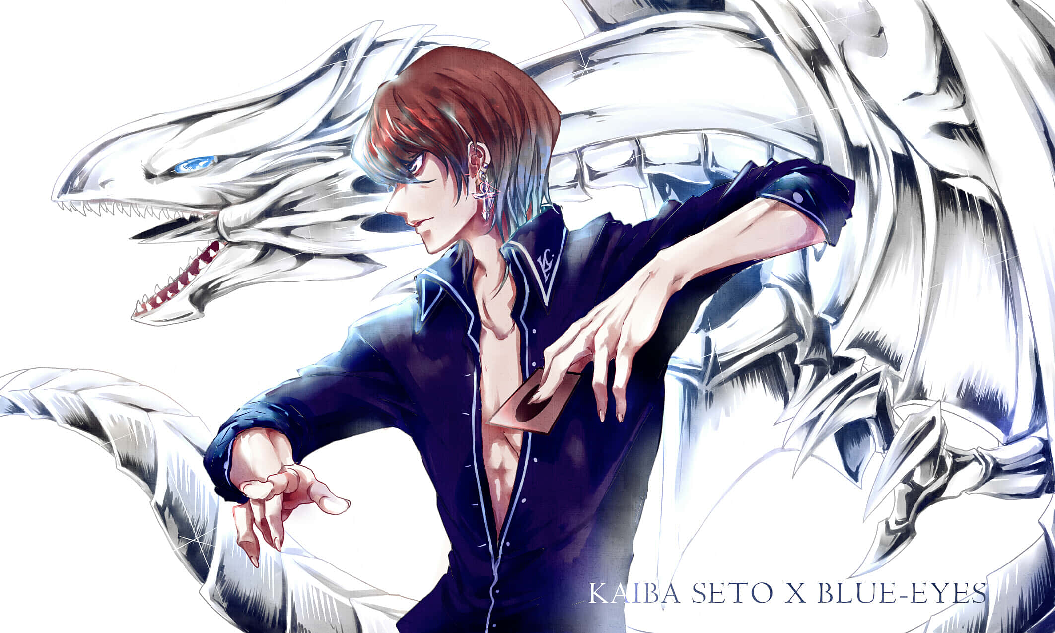Seto Kaiba 桌布 壁紙 — 一個自信的紅髮動漫角色站在一頭擁有鋒利牙齒和發光藍眼的巨大銀龍旁邊。
