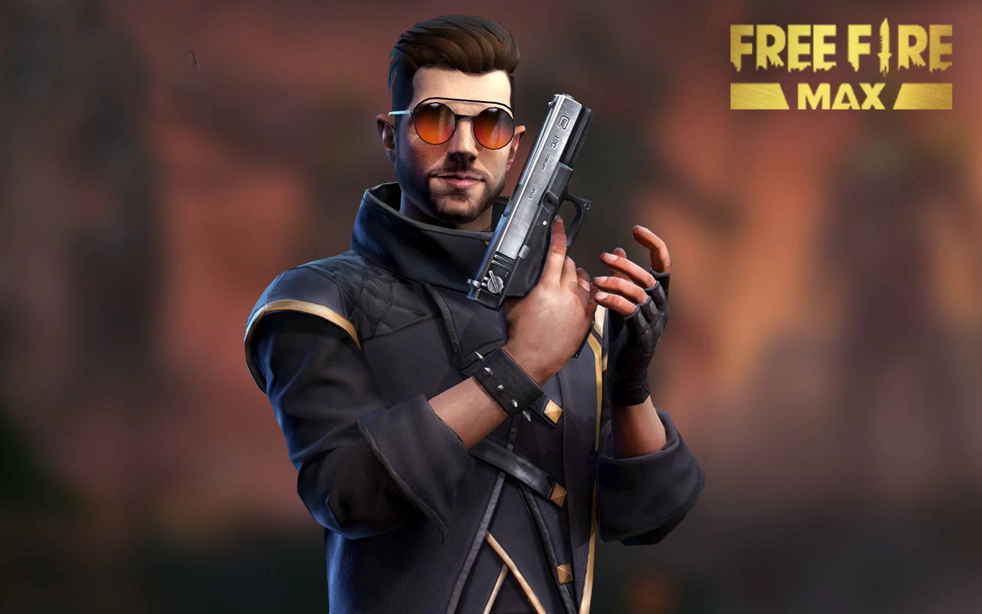 Free Fire DJ Alok With Pistol 壁紙 — 一個自信的遊戲角色，戴著太陽眼鏡和黑色戰術裝備，手持手槍，背景是模糊的火焰。
