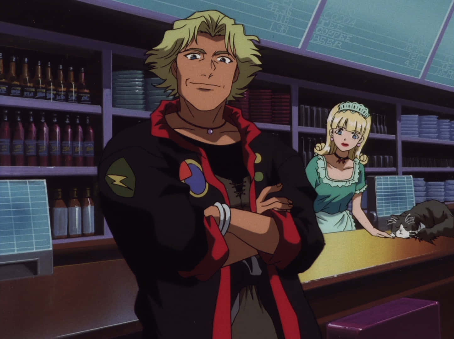 Cowboy Bebop Vt 桌布 壁紙 — 一個自信的金髮動漫男人穿著黑色和紅色外套，站在燈光昏暗的酒吧裡，櫃檯後面有一個驚訝的金髮女人。