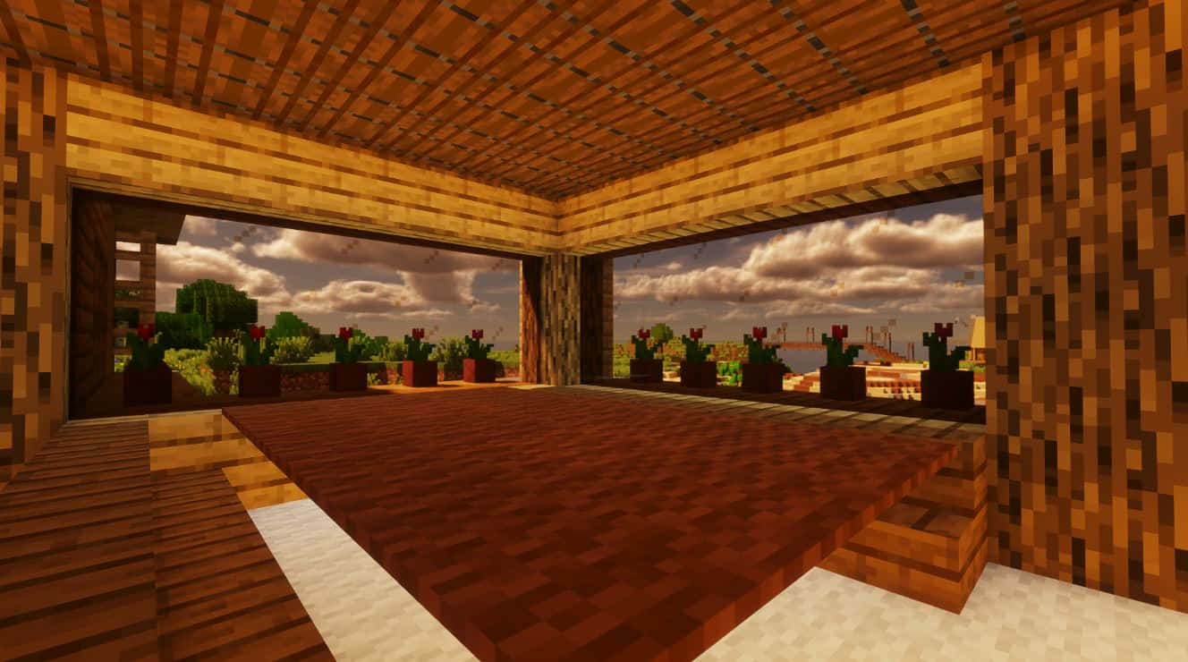 Minecraft Survival 桌布 壁紙 — 一個舒適嘅Minecraft木製房間，鋪有紅色地毯，俯瞰著一個有仙人掌嘅花園，天空多雲。