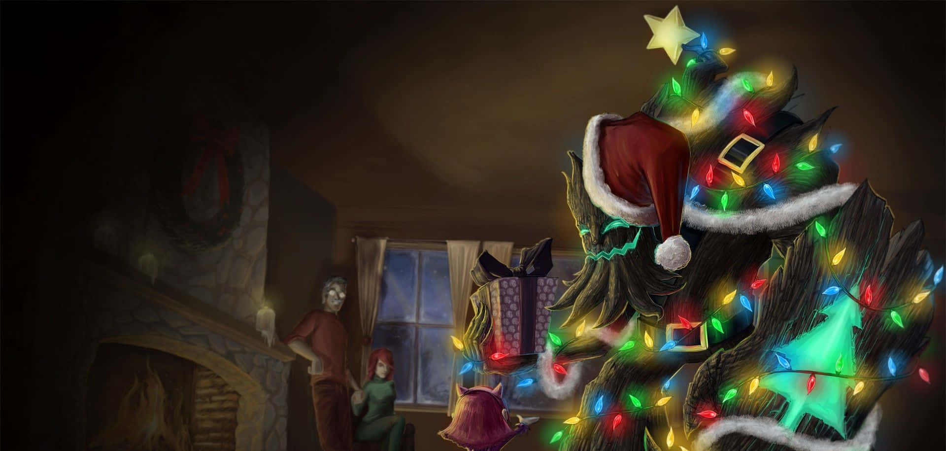 Dark Christmas 桌布 壁紙 — 一個舒適昏暗的客廳，有一棵巨大的樹，裝飾著彩色燈光、聖誕帽和禮物，兩個人影坐在壁爐旁。