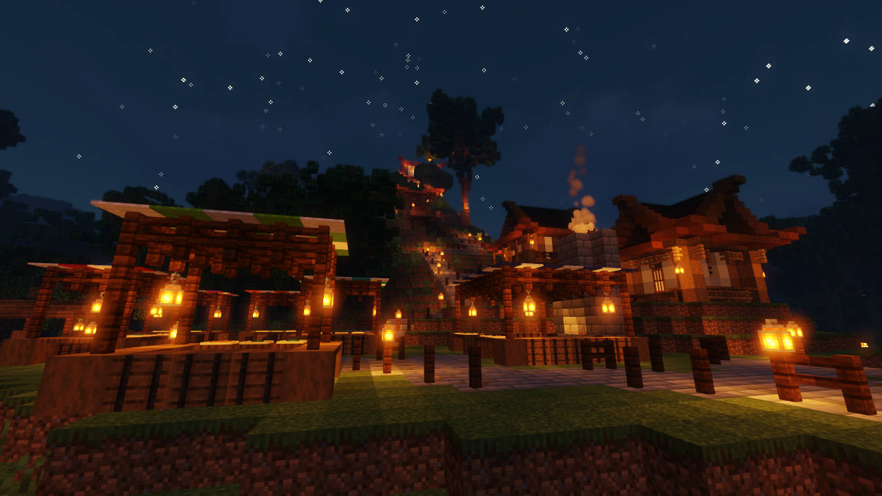 光 桌布 壁紙 — 一個舒適的Minecraft村莊夜晚，有發光的燈籠和木屋，在星空下。