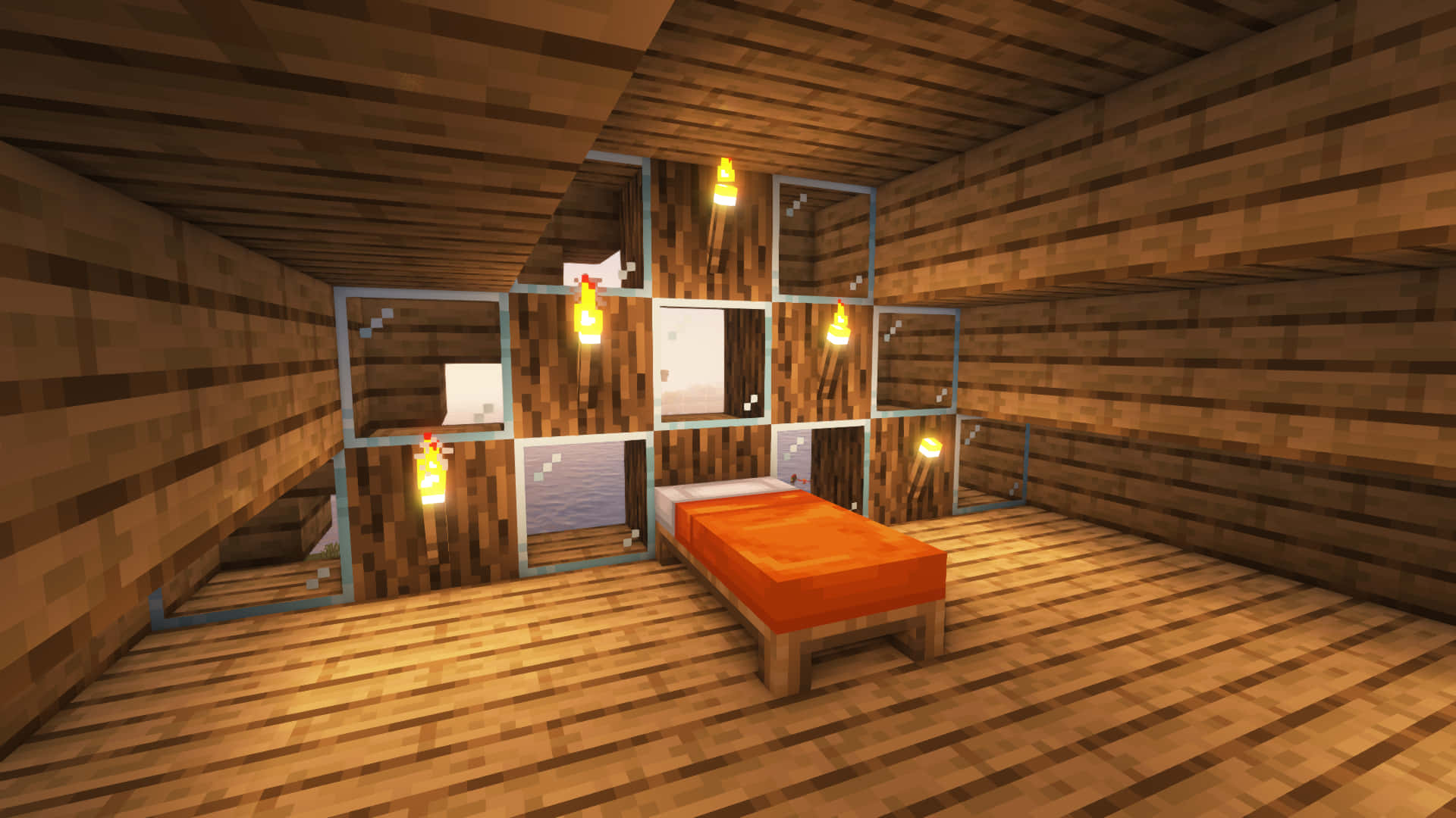 Minecraft Survival 桌布 壁紙 — 一個舒適的Minecraft臥室，有木質牆壁、地板和天花板，由懸掛的火把和一張帶橙色毯子的床照亮。
