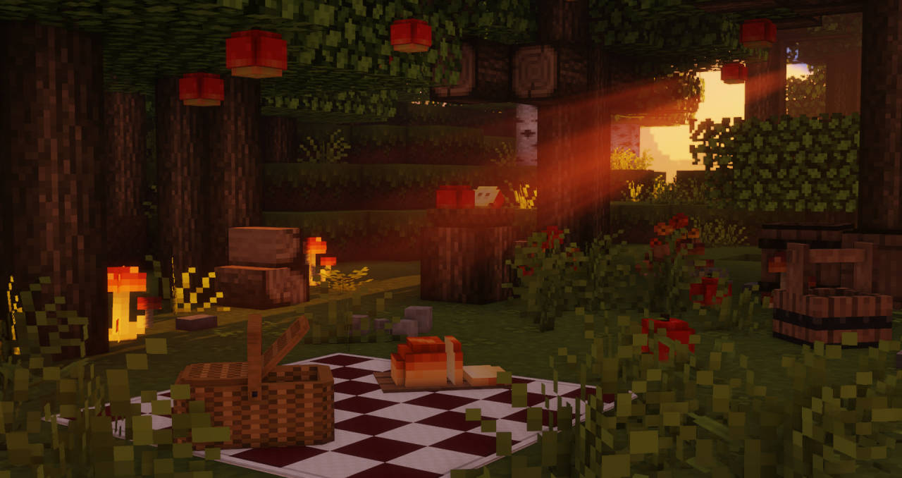 Minecraft HD 桌布 壁紙 — 一個舒適的Minecraft野餐場景，有格仔毯、發光燈籠和夕陽穿過樹林的光線。