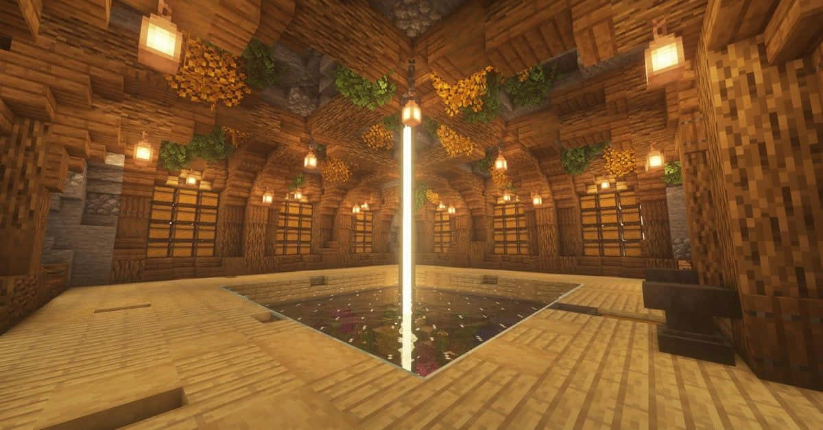Minecraft Architecture 桌布 壁紙 — 一個舒適的Minecraft風格木製室內設計，中央有一個發光的池，周圍環繞著懸掛的藤蔓和溫暖的燈籠。