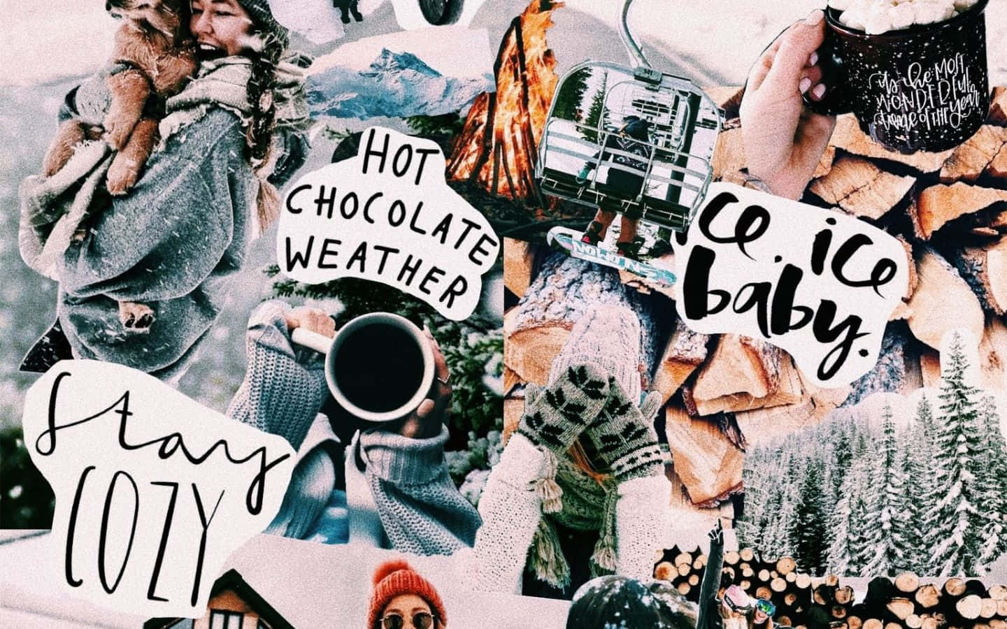 Aesthetic Vsco 桌布 壁紙 — 一個舒適的冬季拼貼畫，人們穿著毛衣拿著杯子，旁邊是堆疊的木柴和雪山。