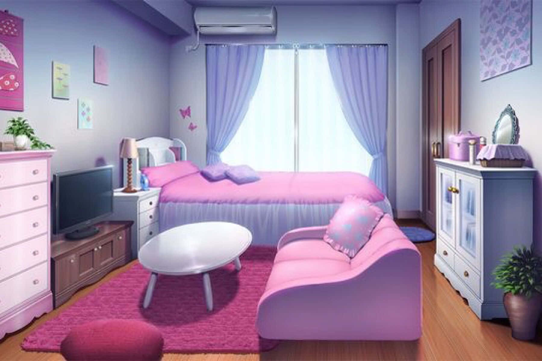 Kawaii Room 桌布 壁紙 — 一個舒適的動畫風格臥室，配有粉紅色柔和家具、薰衣草色窗簾，以及透過大窗戶灑進的柔和自然光。