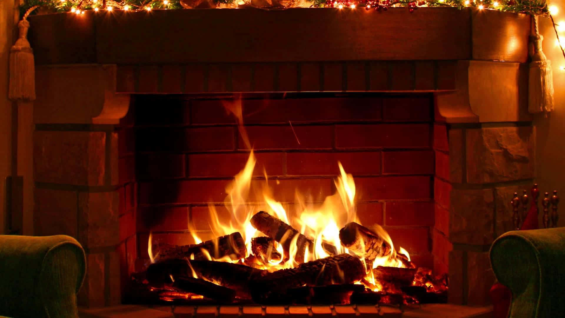Autumn Fireplace 桌布 壁紙 — 一個舒適的壁爐發出噼啪聲，溫暖的火焰在磚牆和綠色扶手椅上投下金色的光芒。