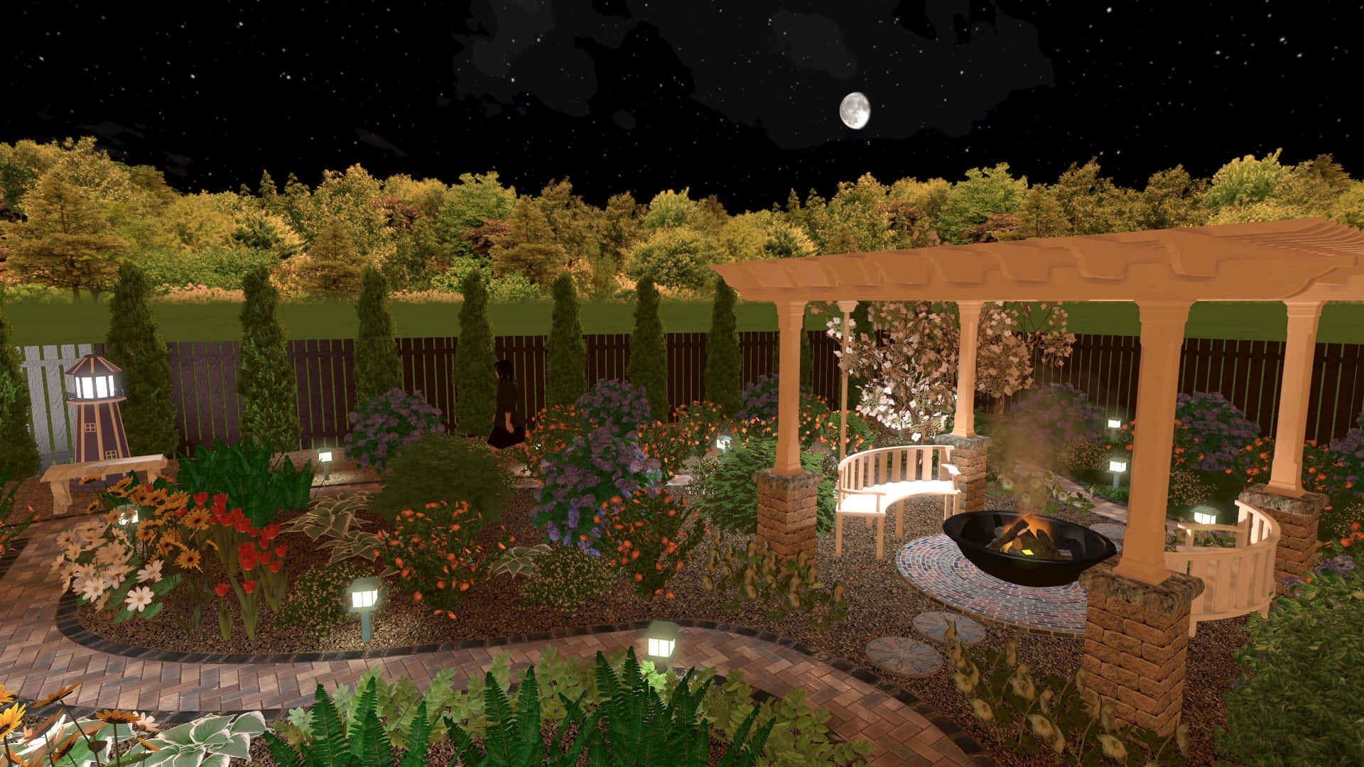 3d Landscape 桌布 壁紙 — 一個舒適的夜間花園，在星空和滿月下有一個發光的火坑。
