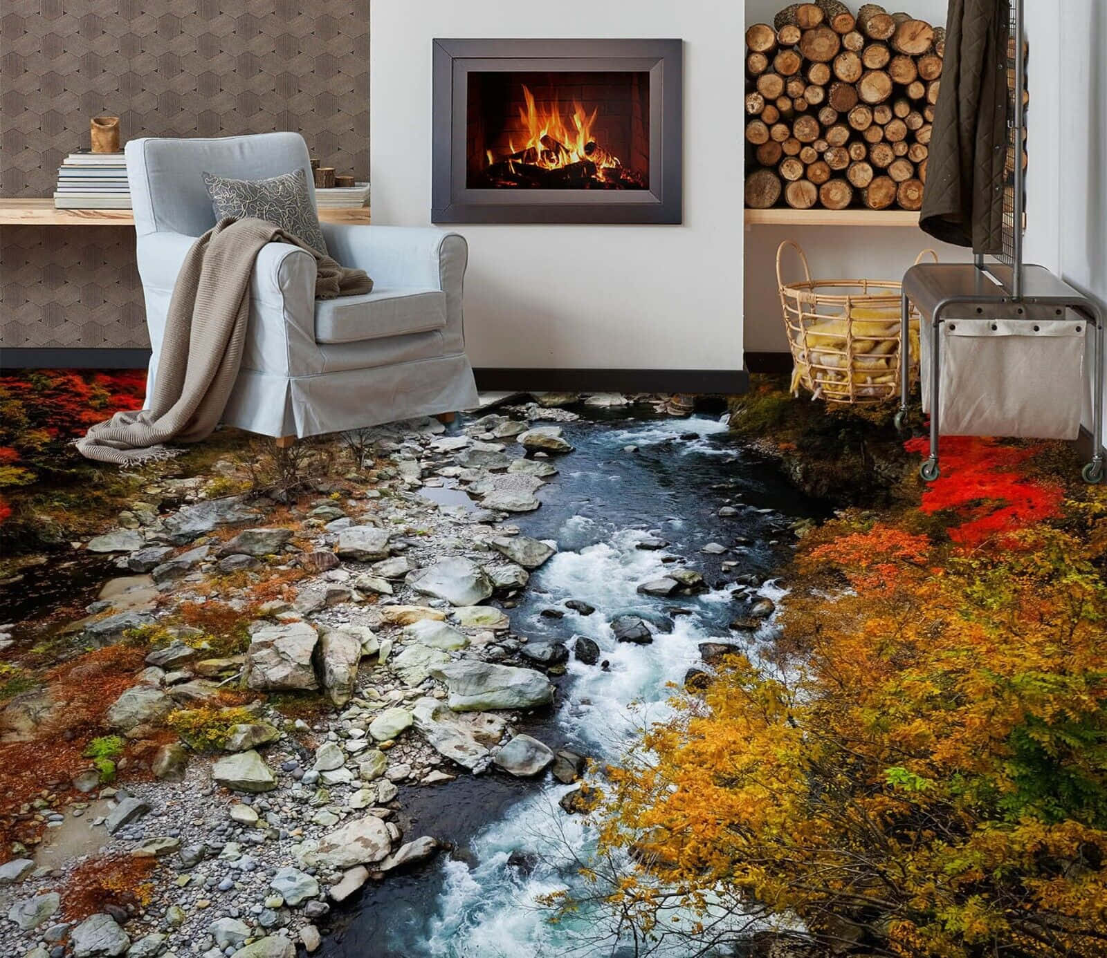 Autumn Fireplace 桌布 壁紙 — 一個舒適的客廳，設有熊熊燃燒的壁爐和堆疊的木柴，地板採用3D打印技術，描繪了一條穿過色彩繽紛秋葉的奔騰秋溪。