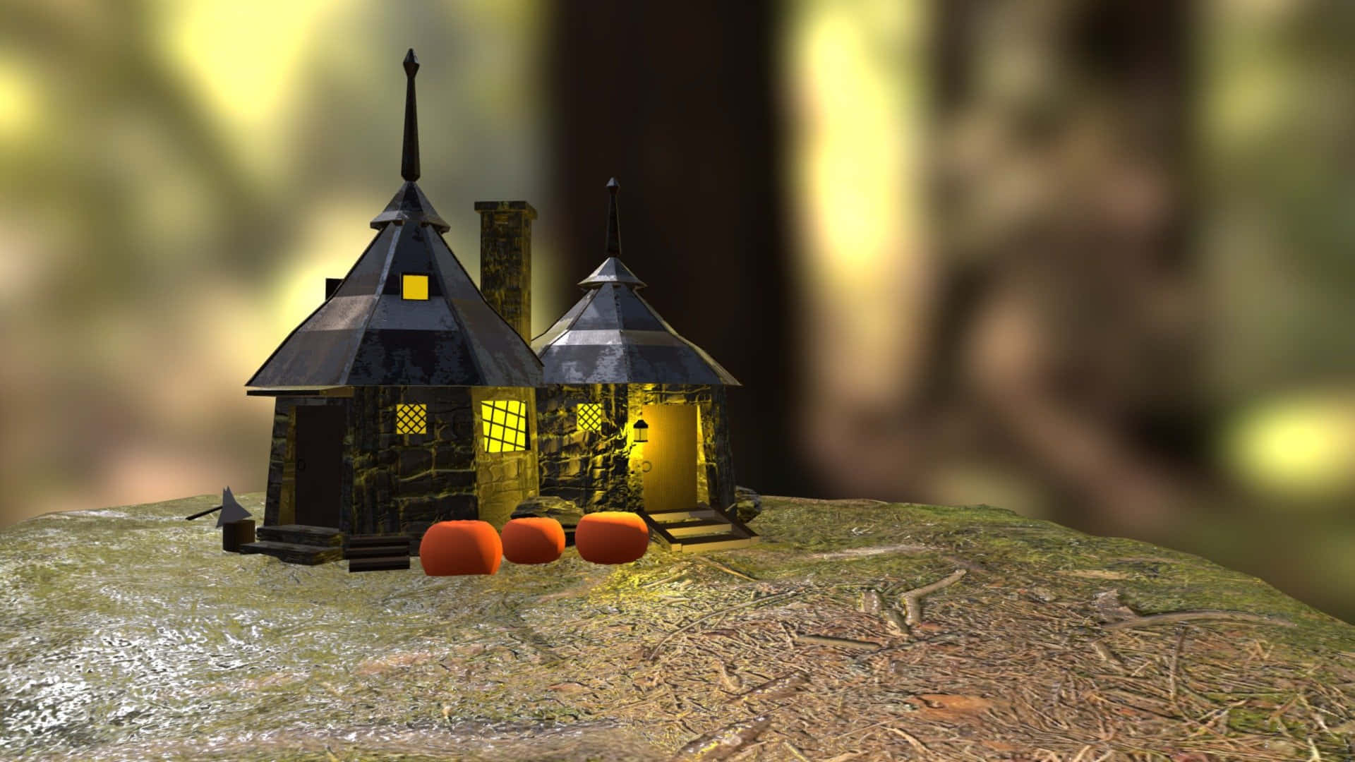 Hagrid's Hut 桌布 壁紙 — 一個舒適的微型女巫小屋，帶有發光的窗戶和南瓜，坐落在森林中長滿苔蘚的樹樁上。