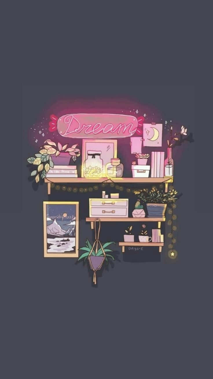 Lo Fi Aesthetic 桌布 壁紙 — 一個舒適的插圖架子，帶有發光的粉紅色「Dream」標誌，周圍環繞著植物、書籍和裝飾品，背景為深色。