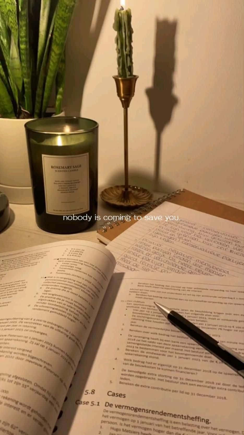 溫習 桌布 壁紙 — 一個舒適的書桌場景，有打開的書本、筆、蠟燭和多肉植物，在溫暖的燈光下。