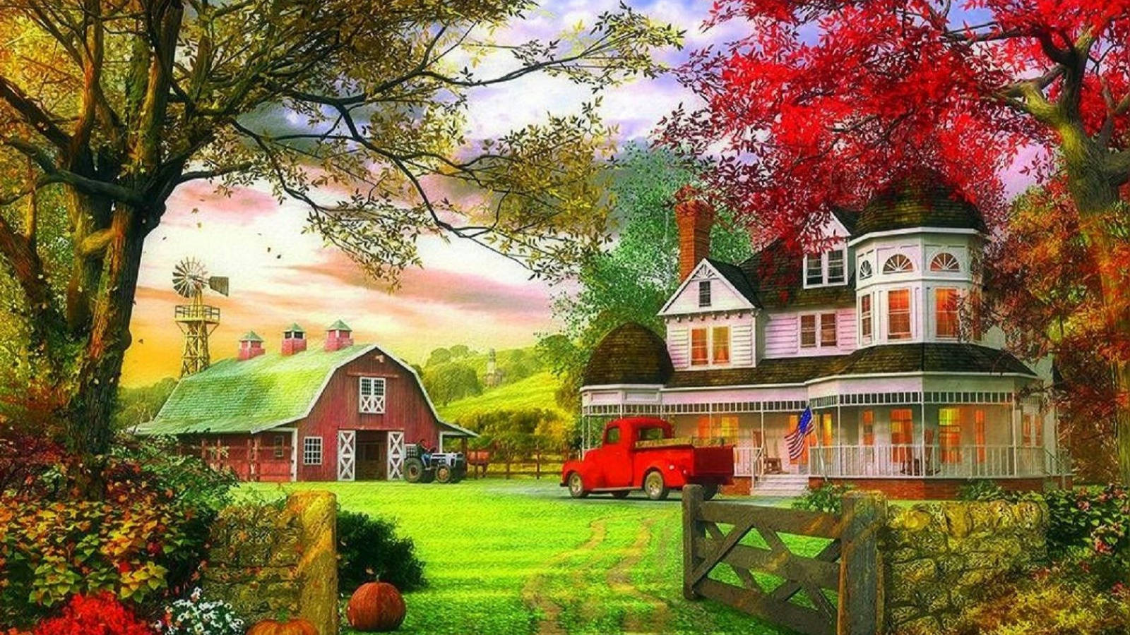 House 桌布 壁紙 — 一個舒適的秋季農莊，有紅色穀倉、風車和一座兩層高的房子，在鮮豔的秋葉下溫暖地發光。
