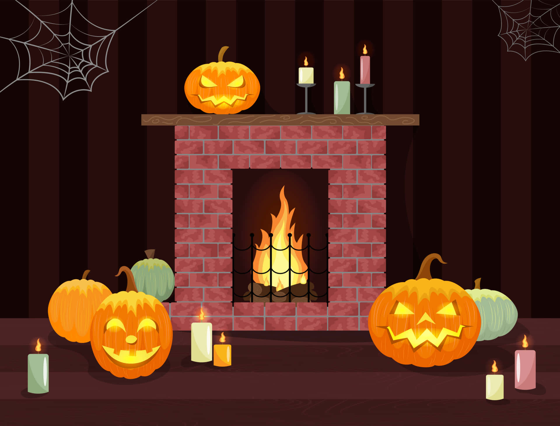 Autumn Fireplace 桌布 壁紙 — 一個舒適的萬聖節壁爐場景，有發光的傑克南瓜燈蠟燭和蜘蛛網，背景是深色條紋壁紙。