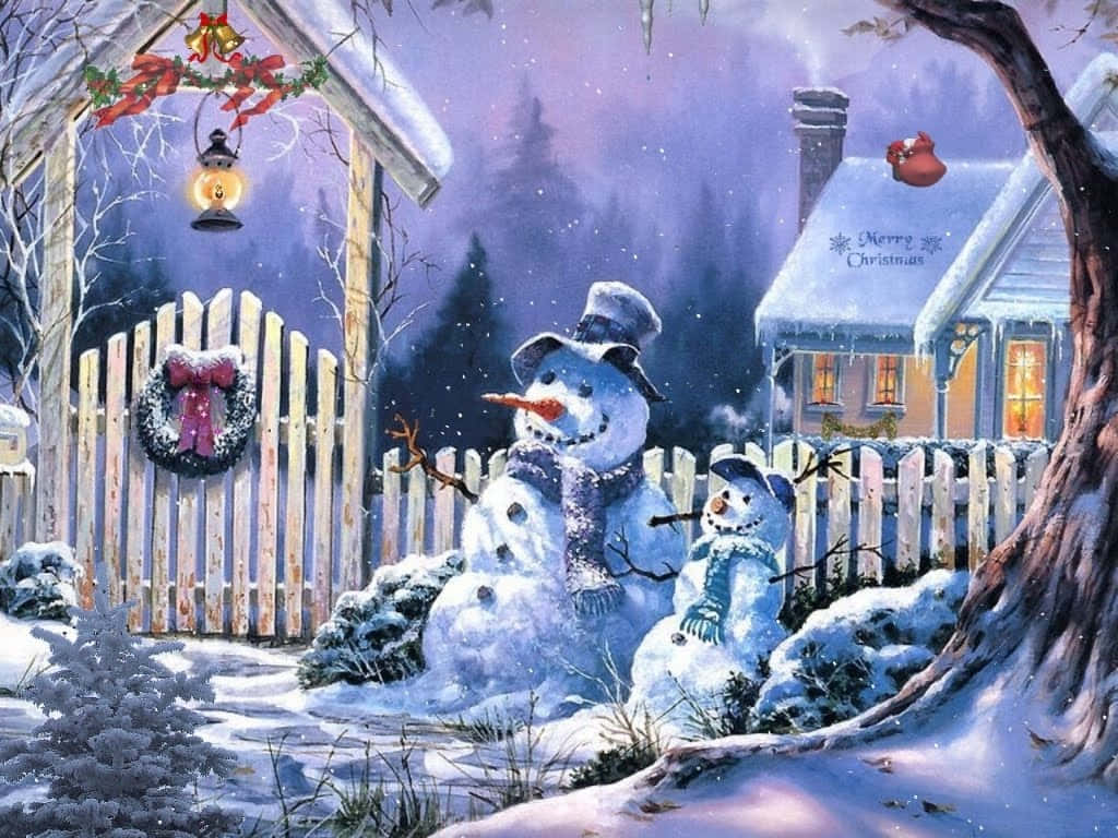 Vintage Christmas 桌布 壁紙 — 一個舒適的雪夜冬日場景，有兩個雪人靠近一間溫暖照亮的房子和裝飾過的圍欄。