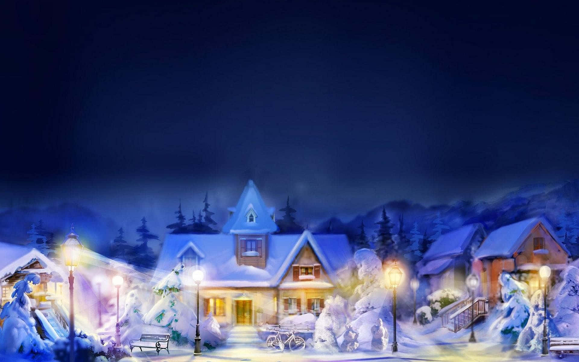 Winter Art 桌布 壁紙 — 一個舒適的雪覆蓋村莊在夜晚，發光的街燈和溫暖照亮的窗戶映襯著深藍色的天空。