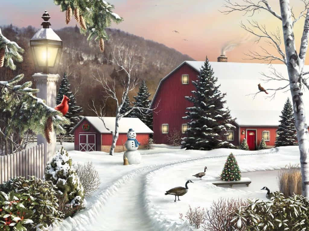 Winter Scene 桌布 壁紙 — 一個舒適的雪覆蓋農場，紅色穀倉在黃昏時溫暖地發光，雪人，以及冰凍池塘附近的鵝。