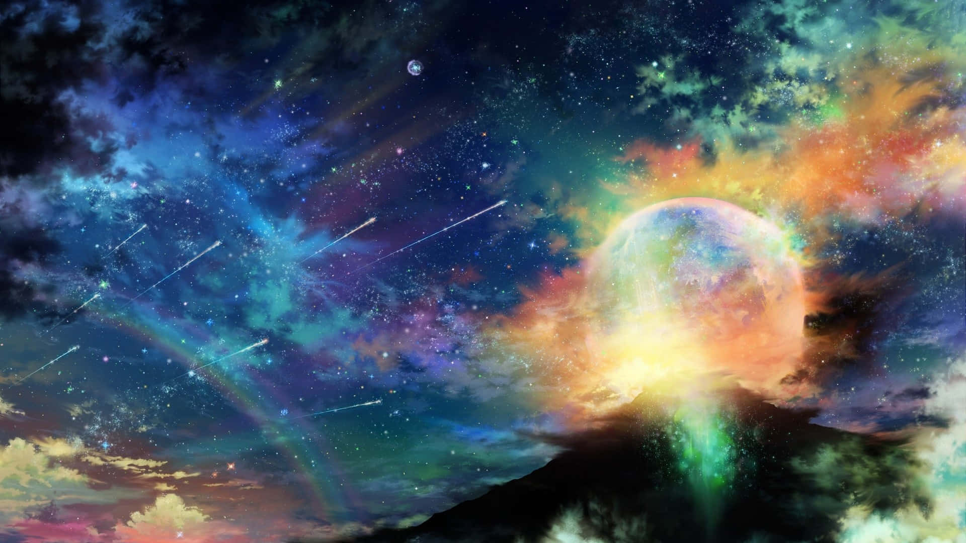 Beautiful Space 桌布 壁紙 — 一個色彩繽紛、旋轉的宇宙星雲，流星劃過，照亮了星空下的一顆發光行星。