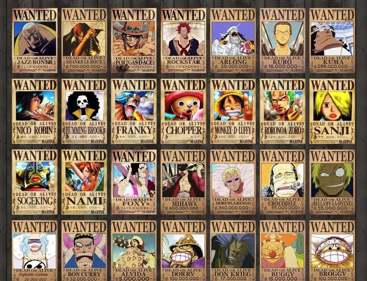 wanted 桌布 壁紙 — 一個色彩繽紛的《海賊王》動畫懸賞海報網格，包含路飛、索隆和山治等角色，附有懸賞金額和海軍標誌。