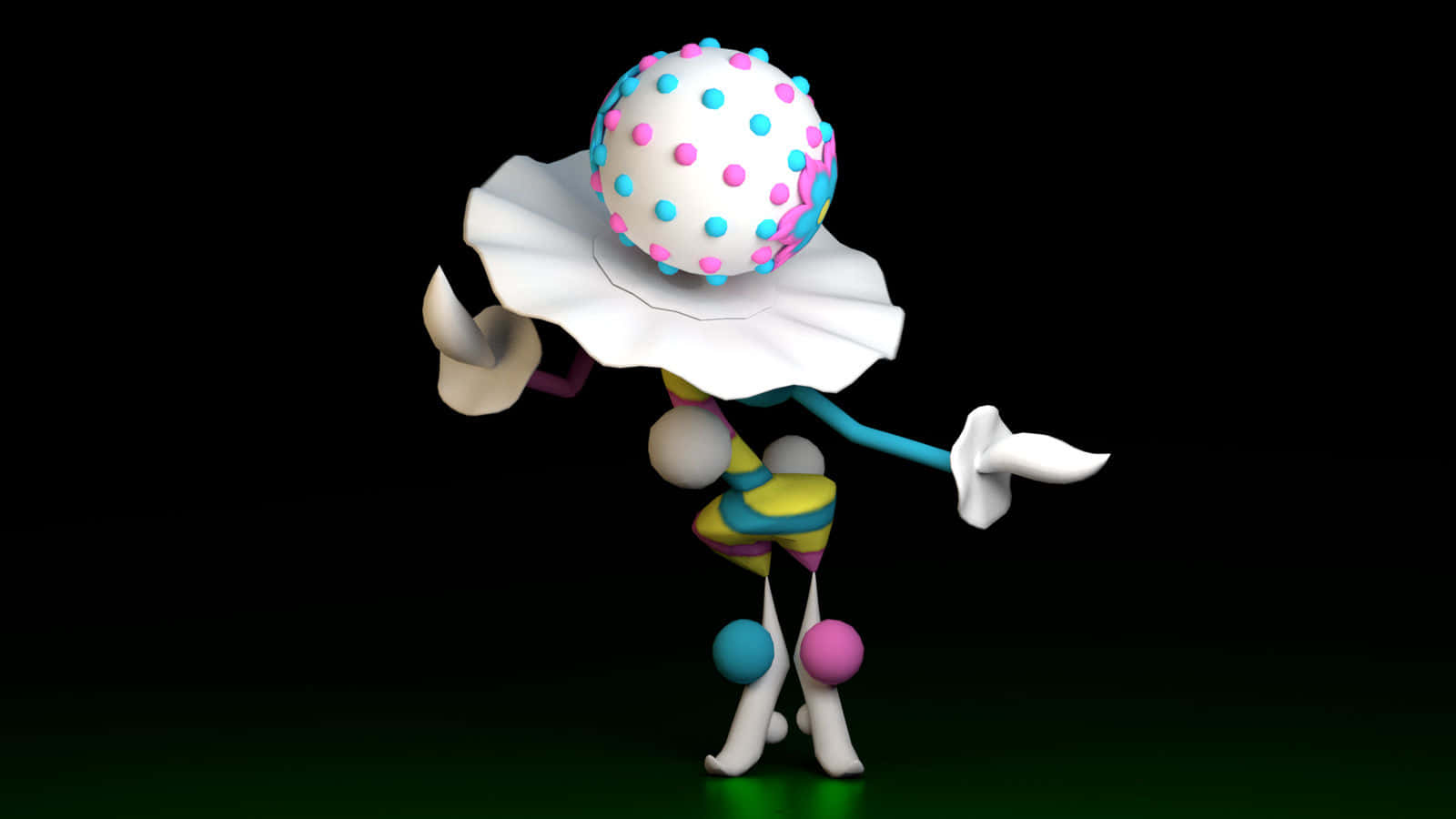 3D Blacephalon 壁紙 — 一個色彩繽紛的3D渲染小丑-like生物，頭部有圓點圖案，衣領有褶邊，站在黑色背景前。