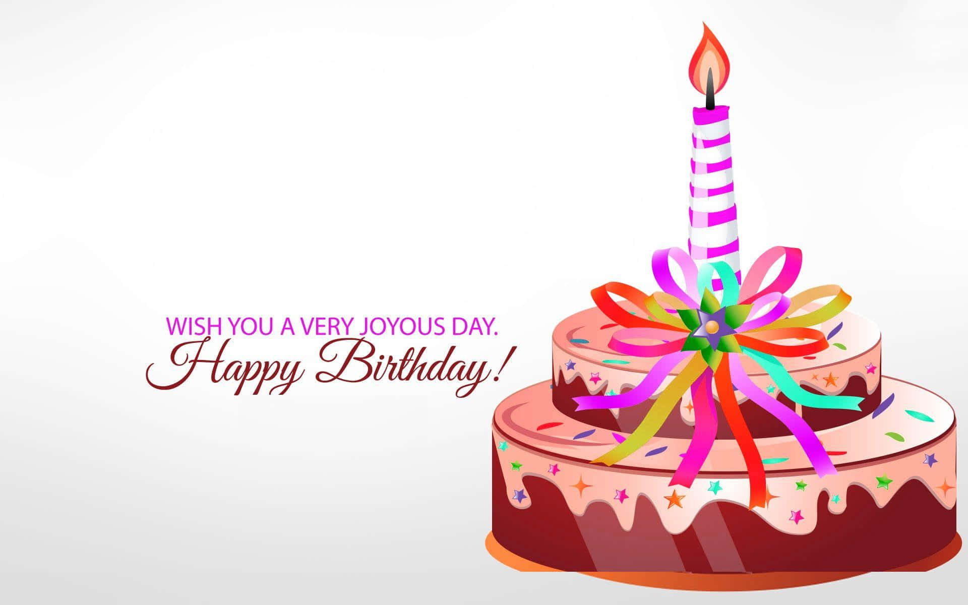 Birthday Wishes 桌布 壁紙 — 一個色彩繽紛的兩層生日蛋糕，帶有條紋蠟燭和彩虹絲帶，背景簡潔。