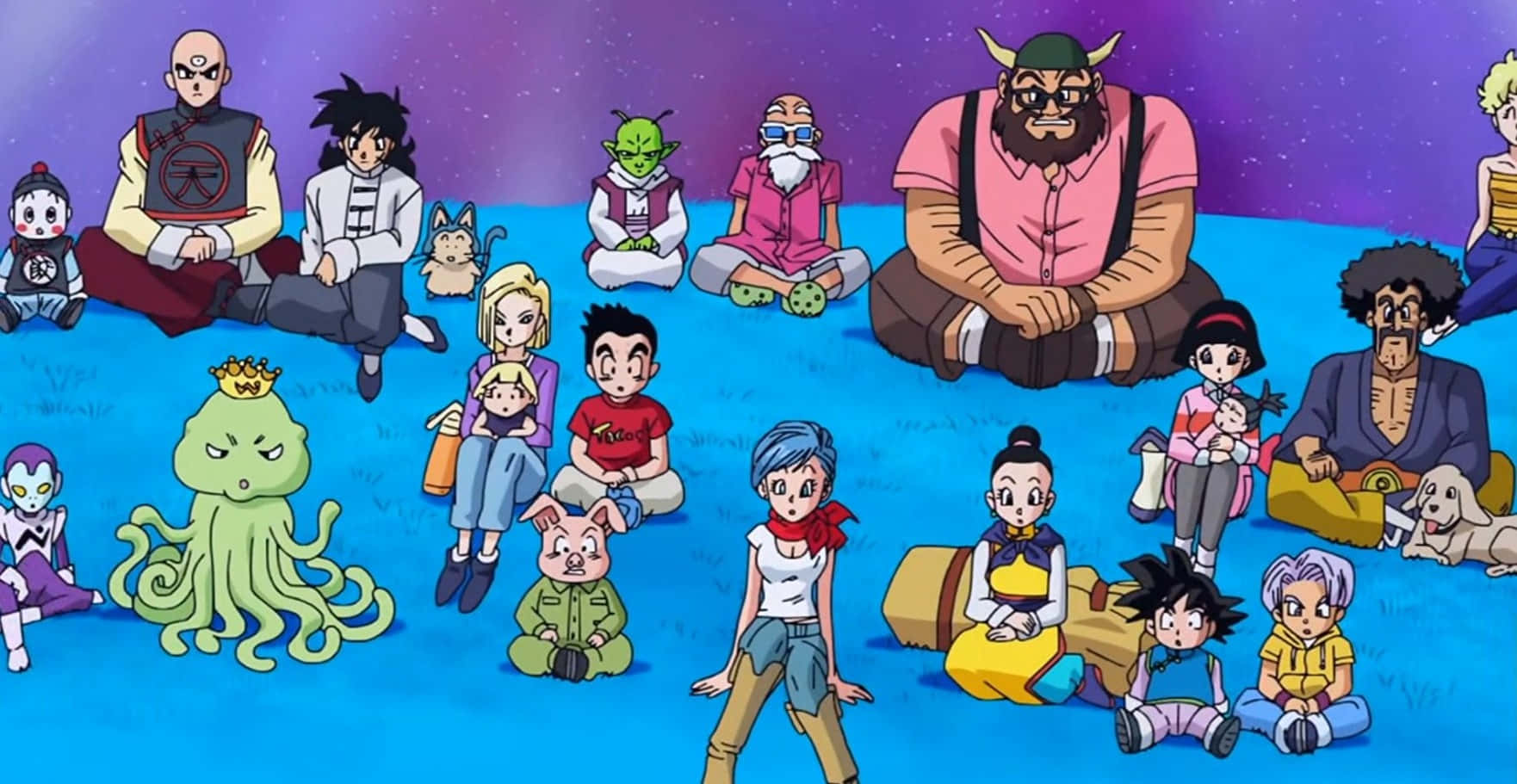 Chiaotzu 桌布 壁紙 — 一個色彩繽紛的動漫群體，包含多樣的角色和生物，一起坐在藍色田野上，頭頂是星光燦爛的紫色天空。