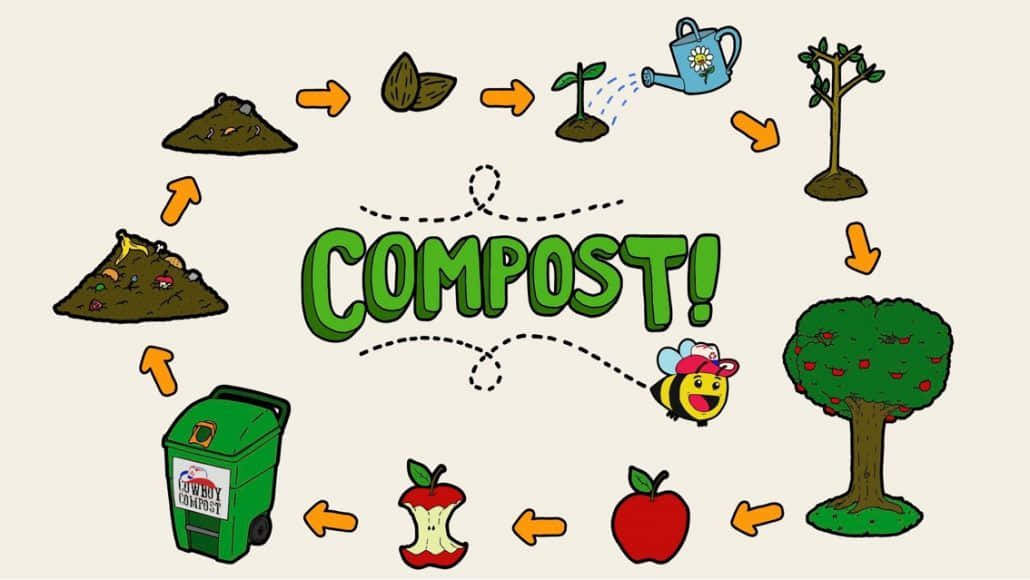 Compost 桌布 壁紙 — 一個色彩繽紛的卡通圖表，展示從食物殘渣到果樹的堆肥循環，還有一隻微笑的蜜蜂。