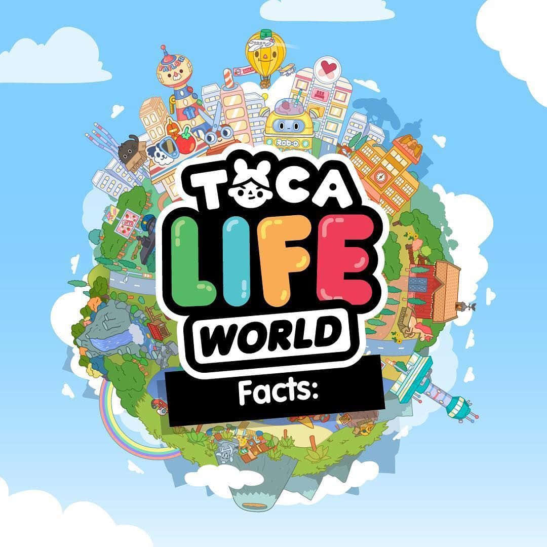 toca boca 桌布 壁紙 — 一個色彩繽紛的卡通地球儀，充滿了異想天開的建築物和角色，背景是帶有雲朵的明亮藍天。