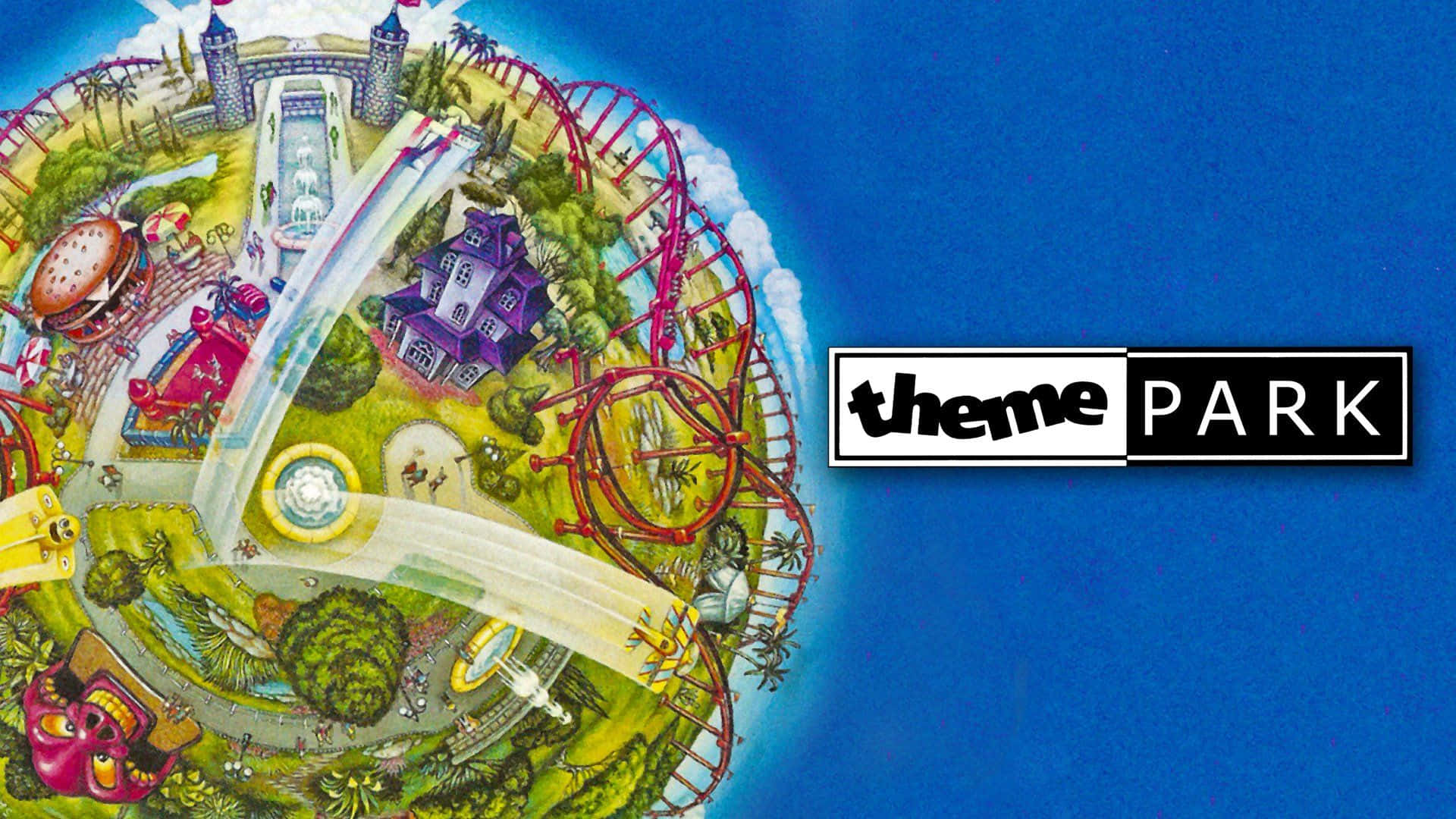 Theme 桌布 壁紙 — 一個色彩繽紛的卡通風格主題公園地圖，上面有過山車和遊樂設施，位於地球儀上，背景為藍色。