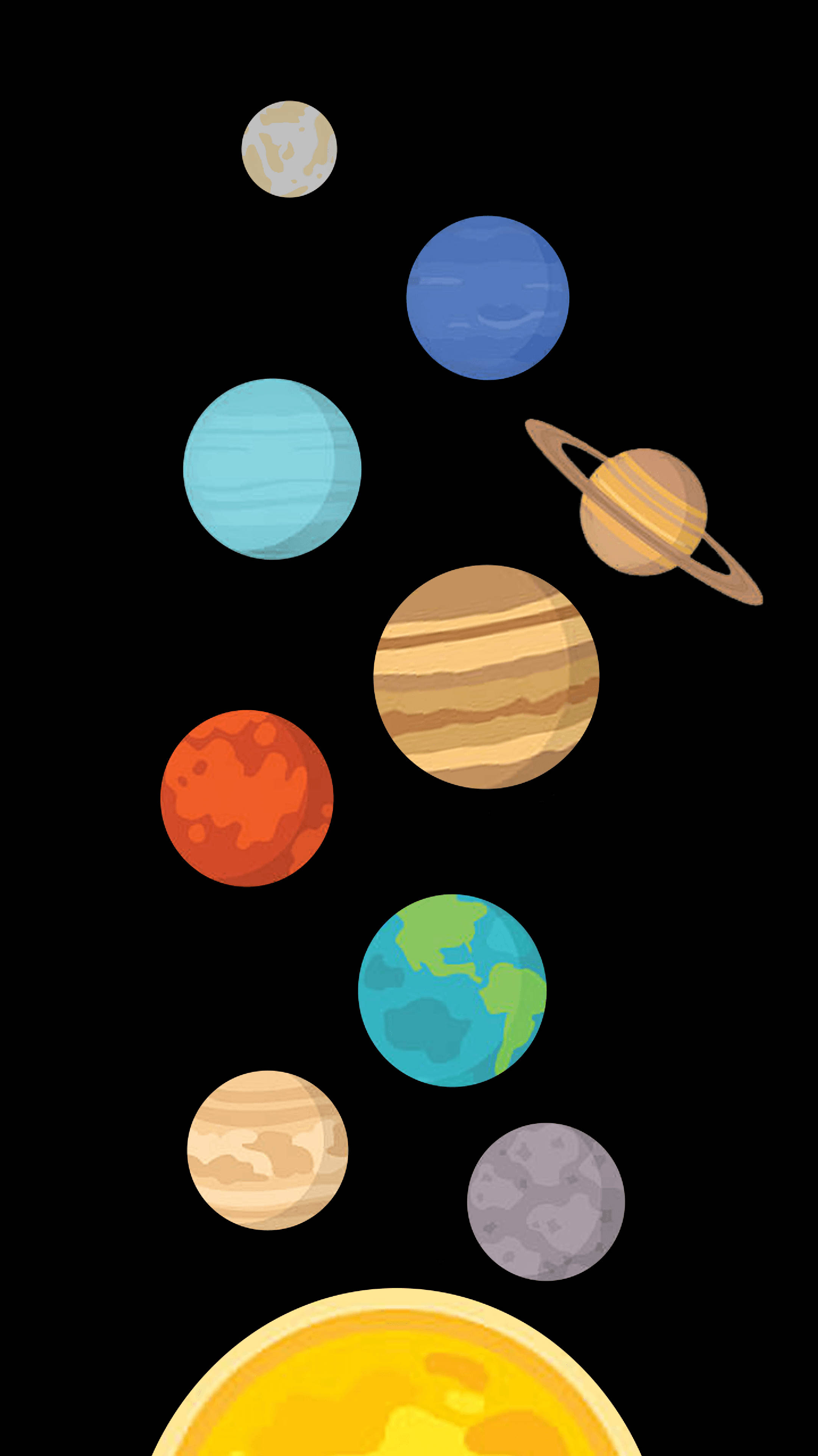 Solar System 桌布 壁紙 — 一個色彩繽紛的卡通風格太陽系，行星在黑色背景上漂浮。