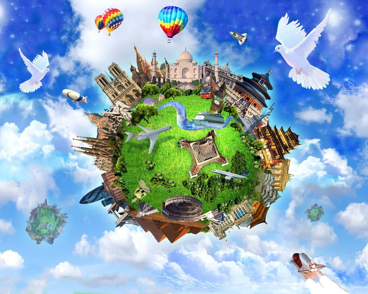 World 桌布 壁紙 — 一個色彩繽紛的地球儀，上面覆蓋著標誌性的全球地標，漂浮在雲層中，周圍有熱氣球和白鴿翱翔。