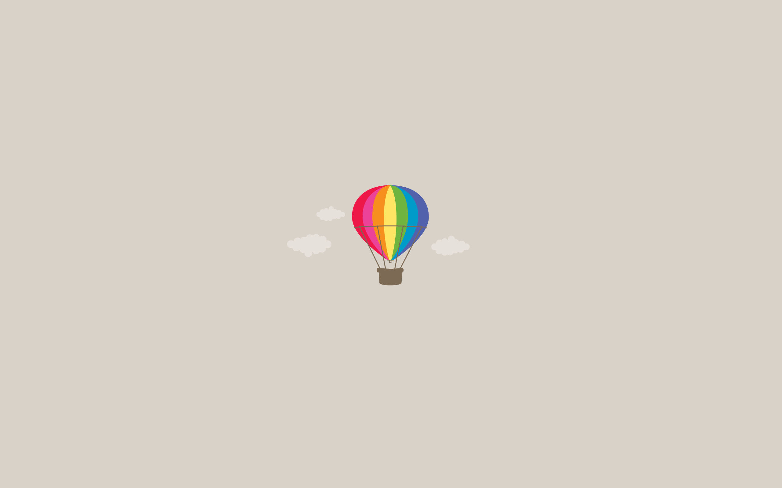 Minimal Aesthetic Desktop 桌布 壁紙 — 一個色彩繽紛的彩虹熱氣球在柔和雲朵上方輕輕漂浮，背景是柔和米色天空。