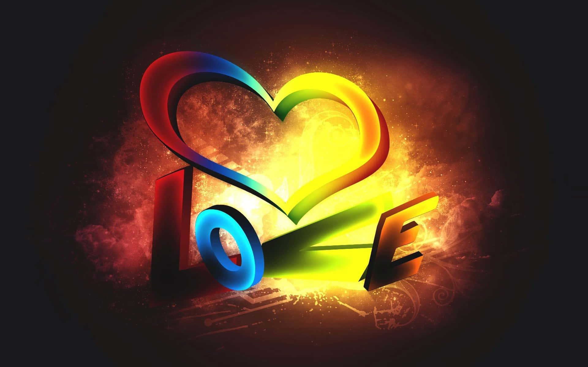 3d Love 桌布 壁紙 — 一個色彩繽紛的彩虹色3D心形，形狀像「愛」這個字，在熾熱的宇宙背景中閃耀。