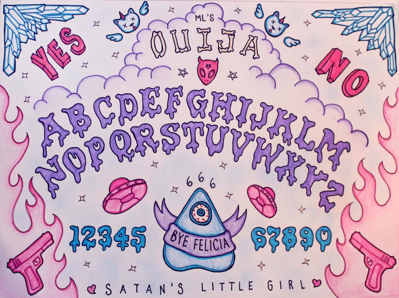 pastel goth 桌布 壁紙 — 一個色彩繽紛的手繪通靈板，帶有粉紅色火焰槍和一個獨眼金字塔，周圍環繞著俏皮的 occult 符號。