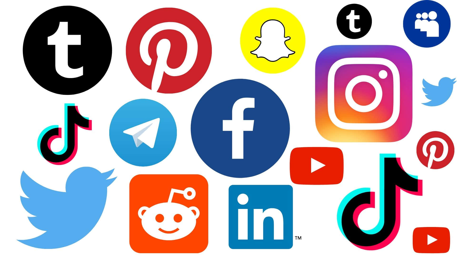 Social Media Icons 桌布 壁紙 — 一個色彩繽紛的拼貼畫，將熱門社交媒體平台的標誌排列在白色背景上。