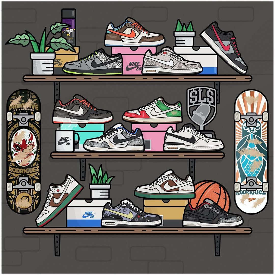 Sneaker 桌布 壁紙 — 一個色彩繽紛的插圖展示，在磚牆前的架子上擺放著運動鞋、滑板和植物。