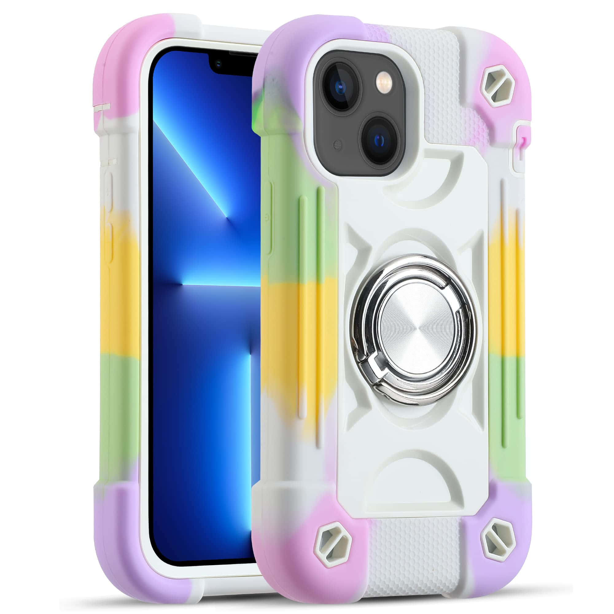 iPhone風格壁紙 桌布 壁紙 — 一個色彩繽紛的粉彩紮染手機殼，帶有內置金屬環支架，展示在白色背景的iPhone上。