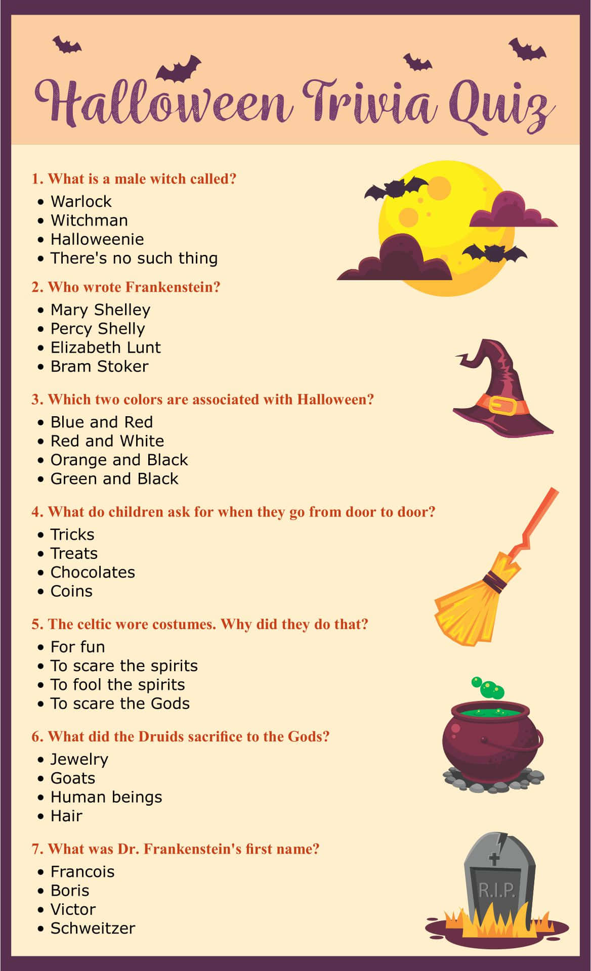 Halloween Trivia 桌布 壁紙 — 一個色彩繽紛的萬聖節問答遊戲，附有蝙蝠、女巫帽、掃帚、大鍋和墓碑的恐怖插圖。