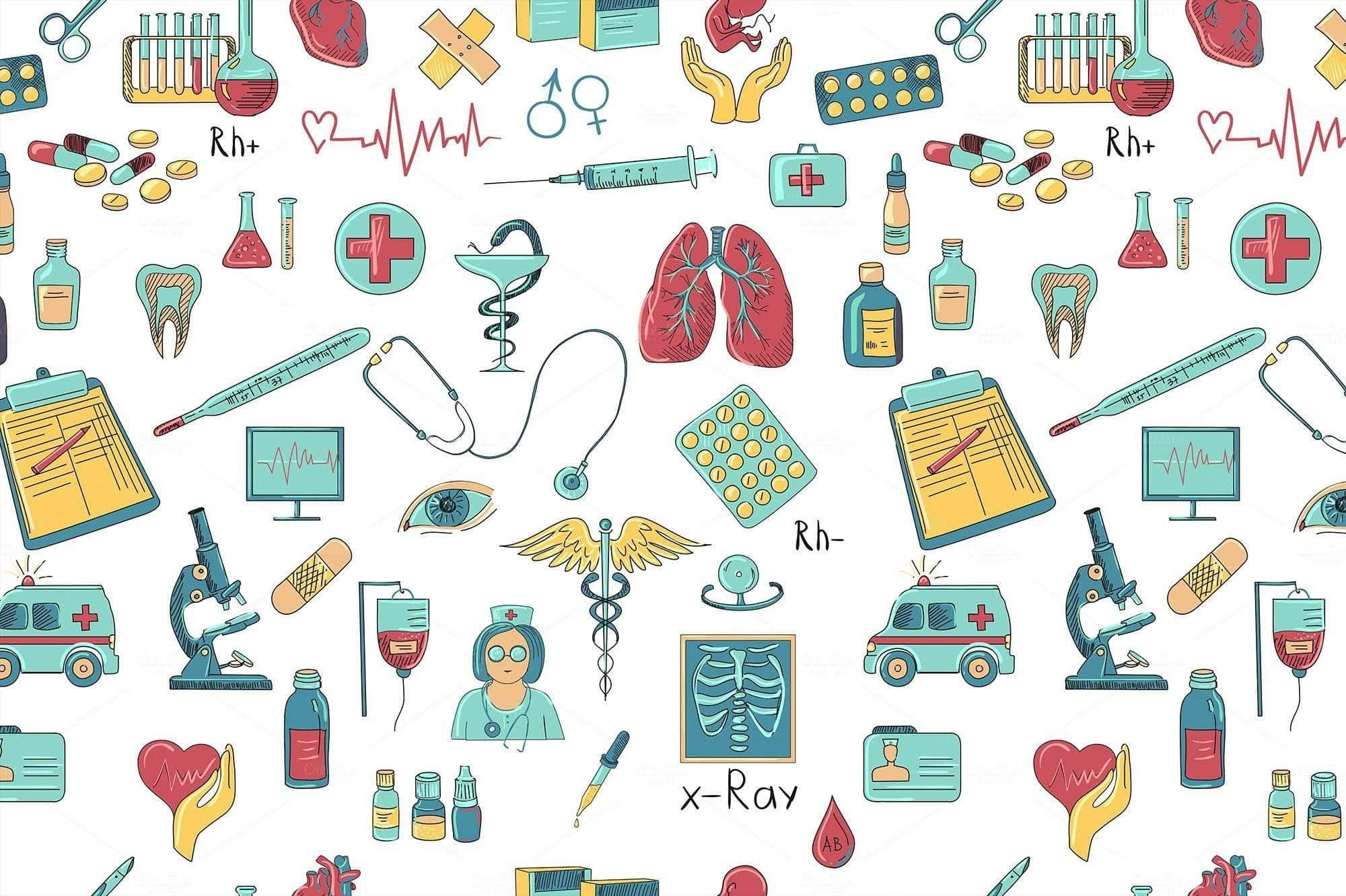Medicina 桌布 壁紙 — 一個色彩繽紛的醫療圖標圖案，包括心臟、聽診器和藥丸，散落在白色背景上。