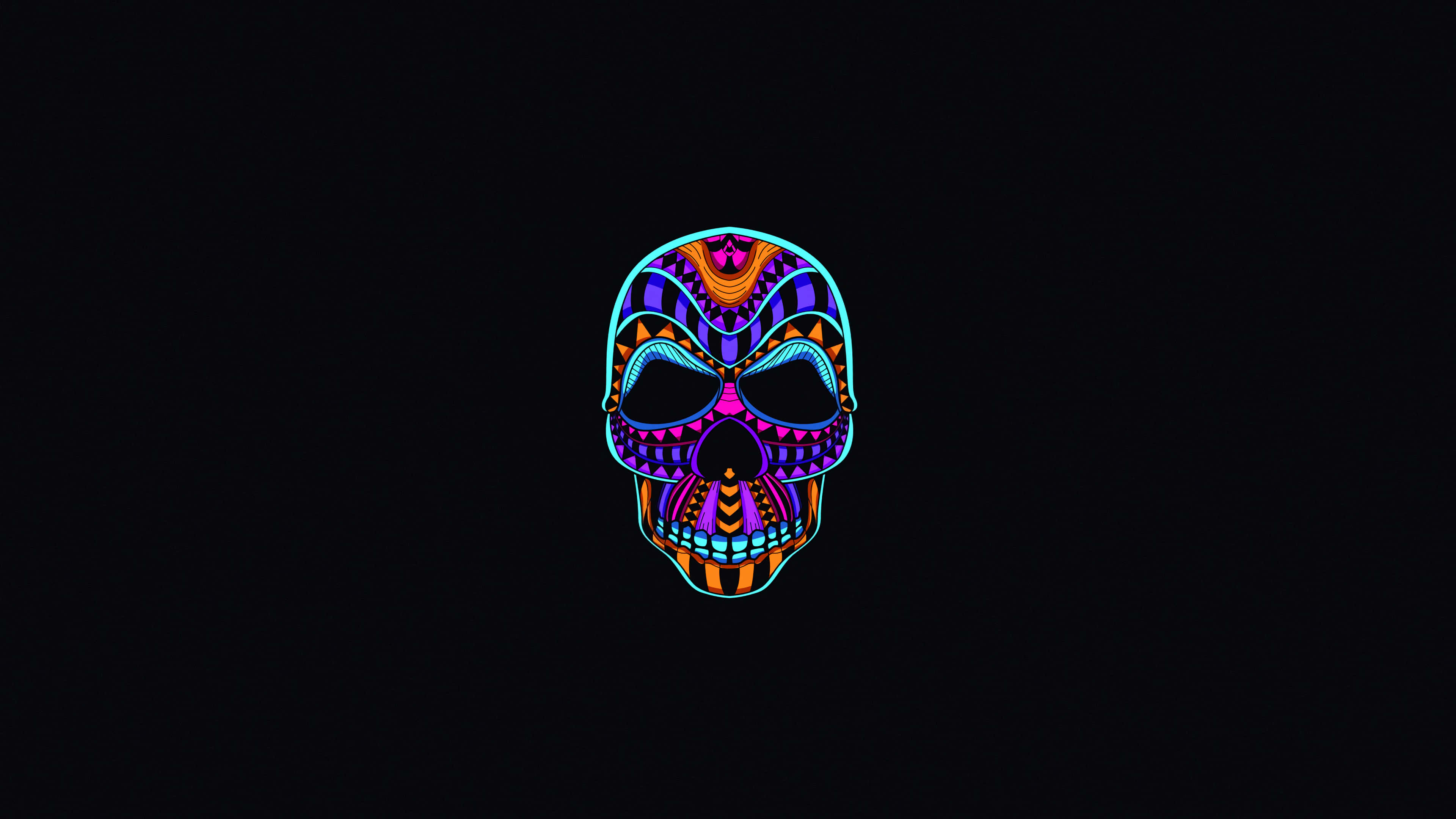 Minimalist Colorful 桌布 壁紙 — 一個色彩鮮豔的風格化頭骨，帶有複雜的幾何圖案，在純黑色背景上發光。