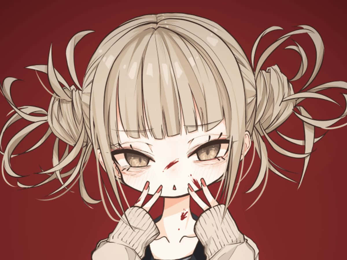 Toga 桌布 壁紙 — 一個苦惱的動漫女孩，金色雙馬尾，滿臉鮮血，在深紅色背景前捂住嘴巴。
