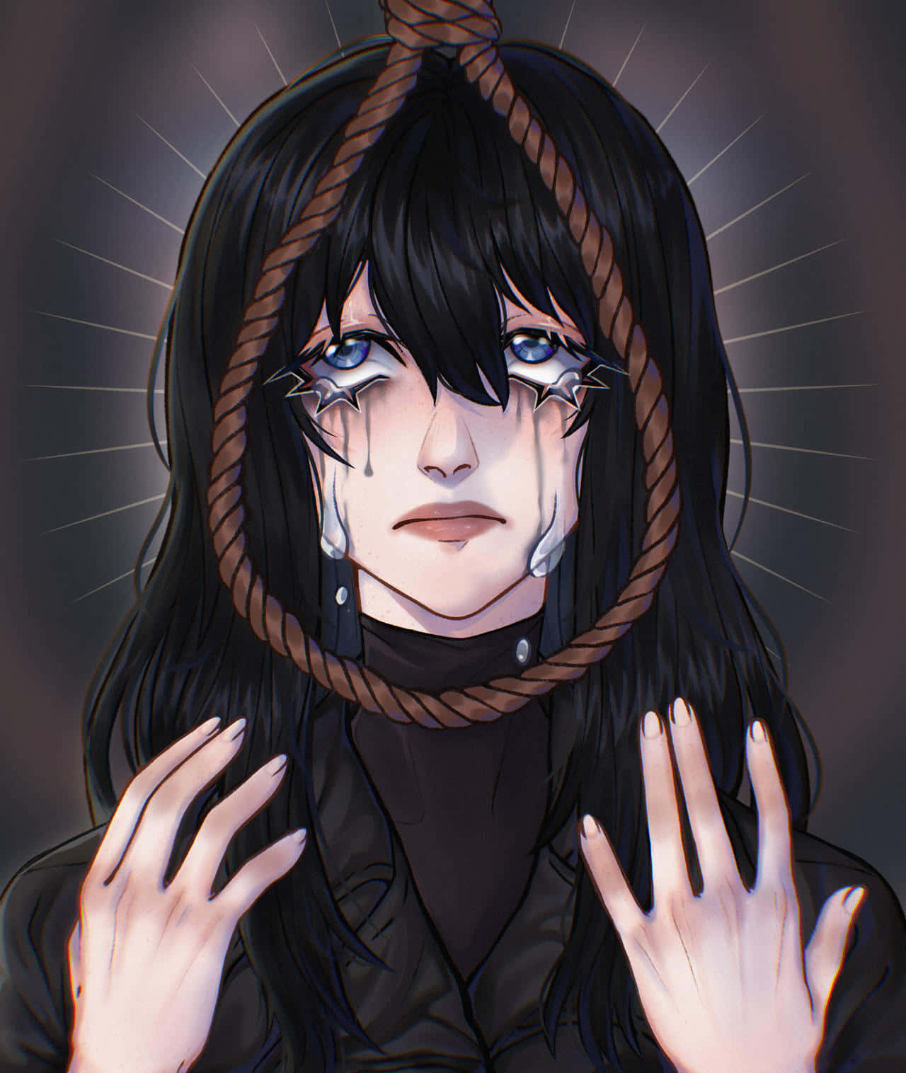 Naomi Misora 桌布 壁紙 — 一個苦惱的動漫女孩，黑髮藍眼，頭上纏著粗繩索，眼睛裡掉下冰淚。