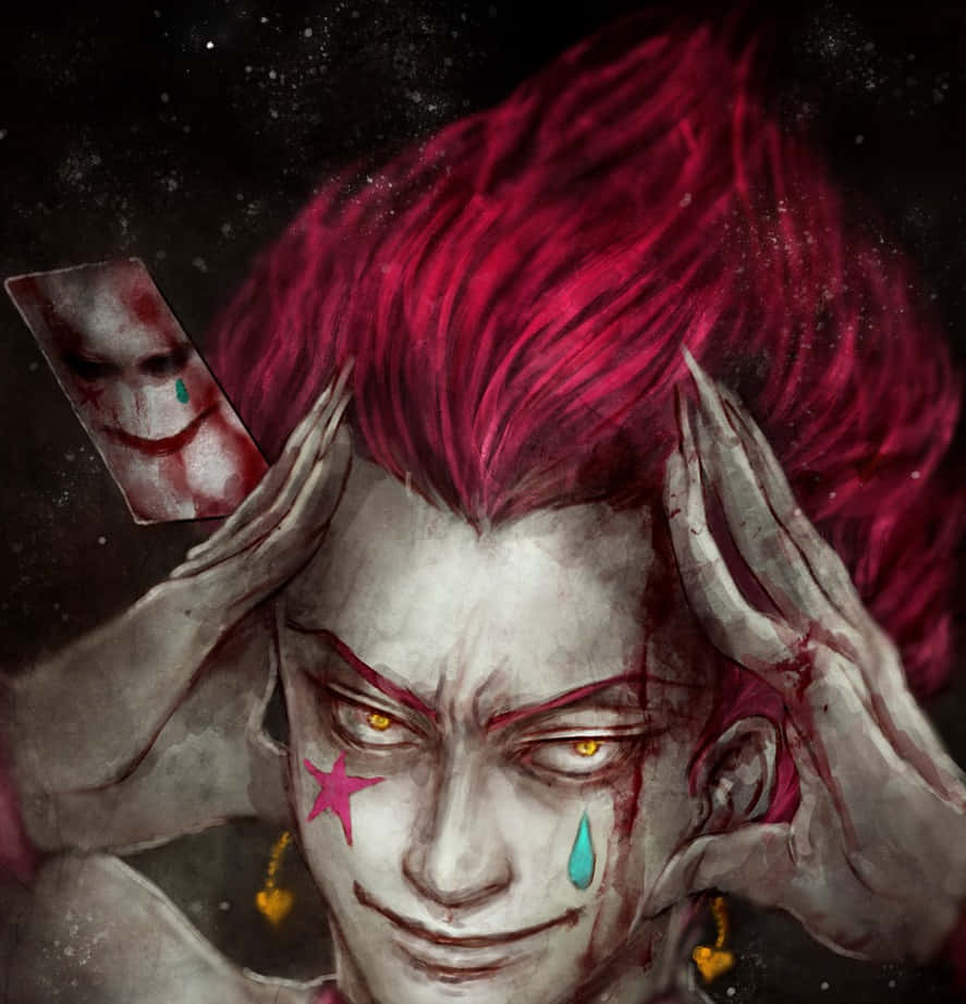 hisoka 桌布 壁紙 — 一個苦惱的動漫角色，深紅色頭髮，臉上滿是淚痕，雙手抱頭，旁邊漂浮著一張血淋淋的小丑牌。