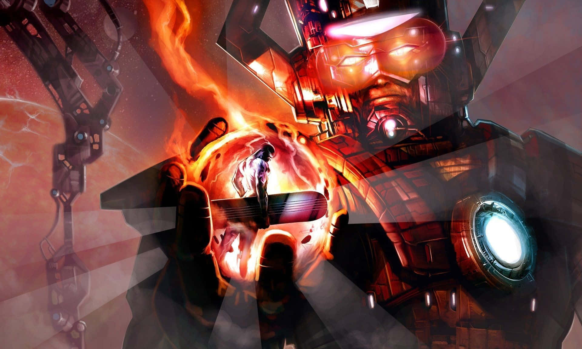 Galactus 桌布 壁紙 — 一個英雄人物挑釁地站在一個由巨大裝甲手掌握著的熾熱能量球中，背景是發光的機械場景。