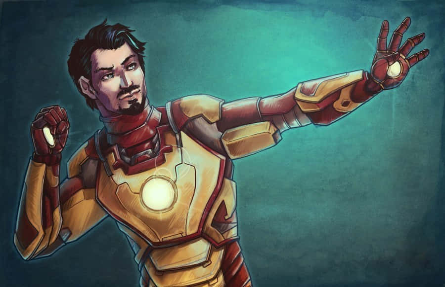 Iron Man Fan Art 桌布 壁紙 — 一個英雄人物穿著發光的金色和紅色裝甲服，在青綠色背景前伸出一隻手。